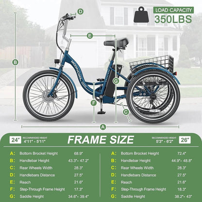 Mooncool Adult 3-Wheel Electric Tricycle, 24in 26in, 350W 36V, 7 Speeds