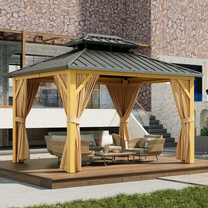 10X13 FT Outdoor Galvanised Steel Hardtop Gazebo With Netting And Sunshade Curtains, Khaki