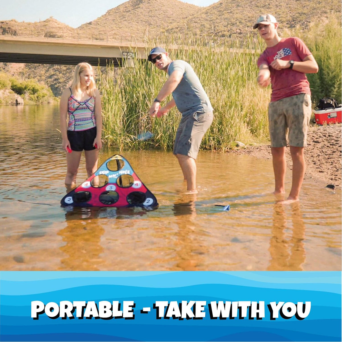 Floating Pool Cornhole Game, Foam, 30 x 26 x 15 Inches, 10 Pieces, Red Blue Black