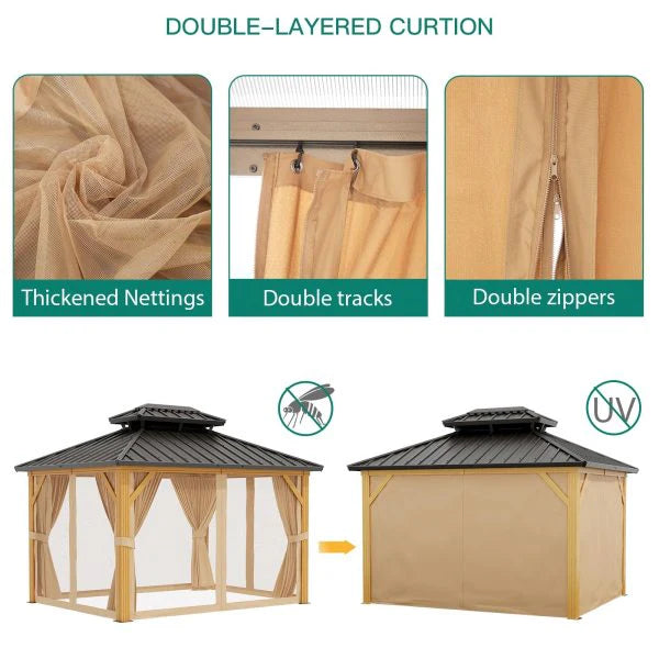 10X13 FT Outdoor Galvanised Steel Hardtop Gazebo With Netting And Sunshade Curtains, Khaki