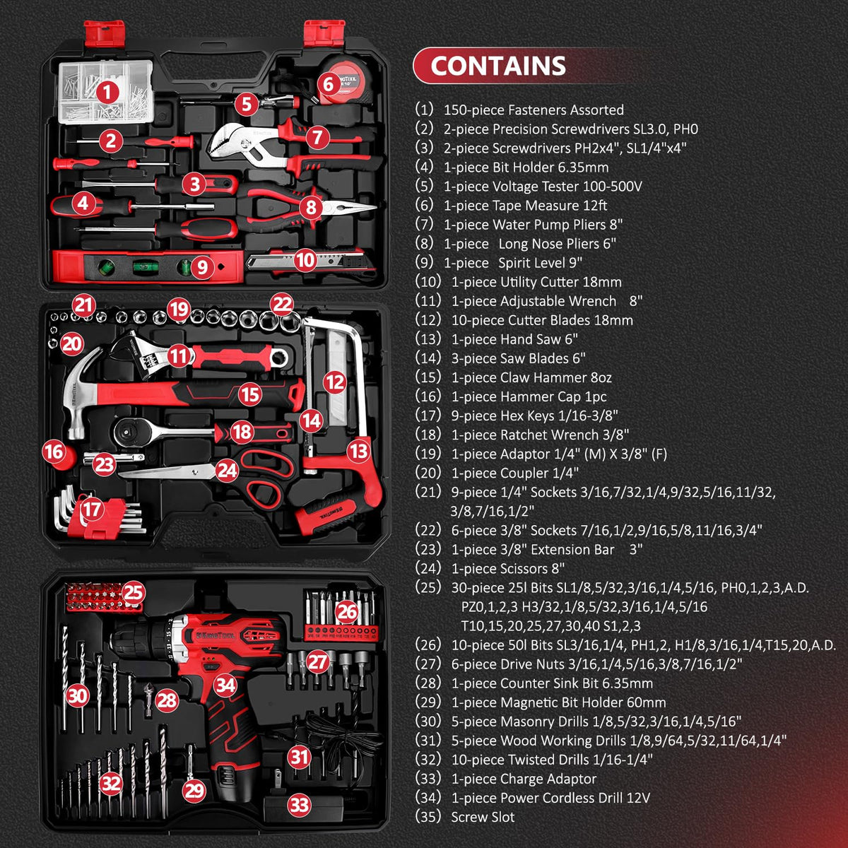 KingTool 276-Piece Tool Set Kit With 12V Cordless Power Drill Driver