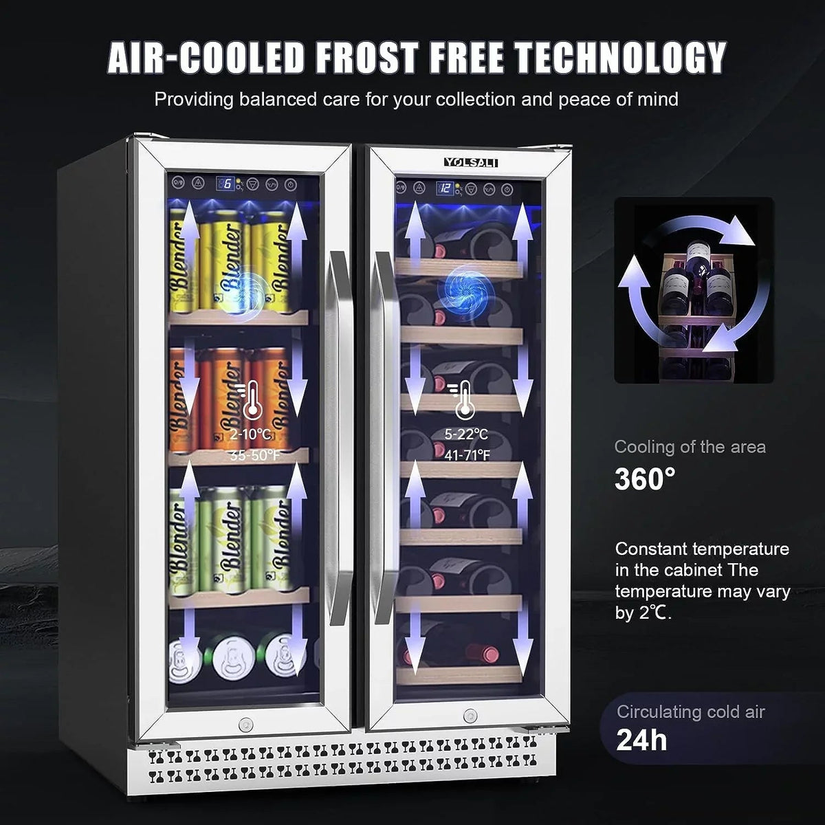 Yolsali 24 Inch Dual Zone Wine Cooler Beverage Refrigerator, 20 Bottles, 57 Cans, Silver