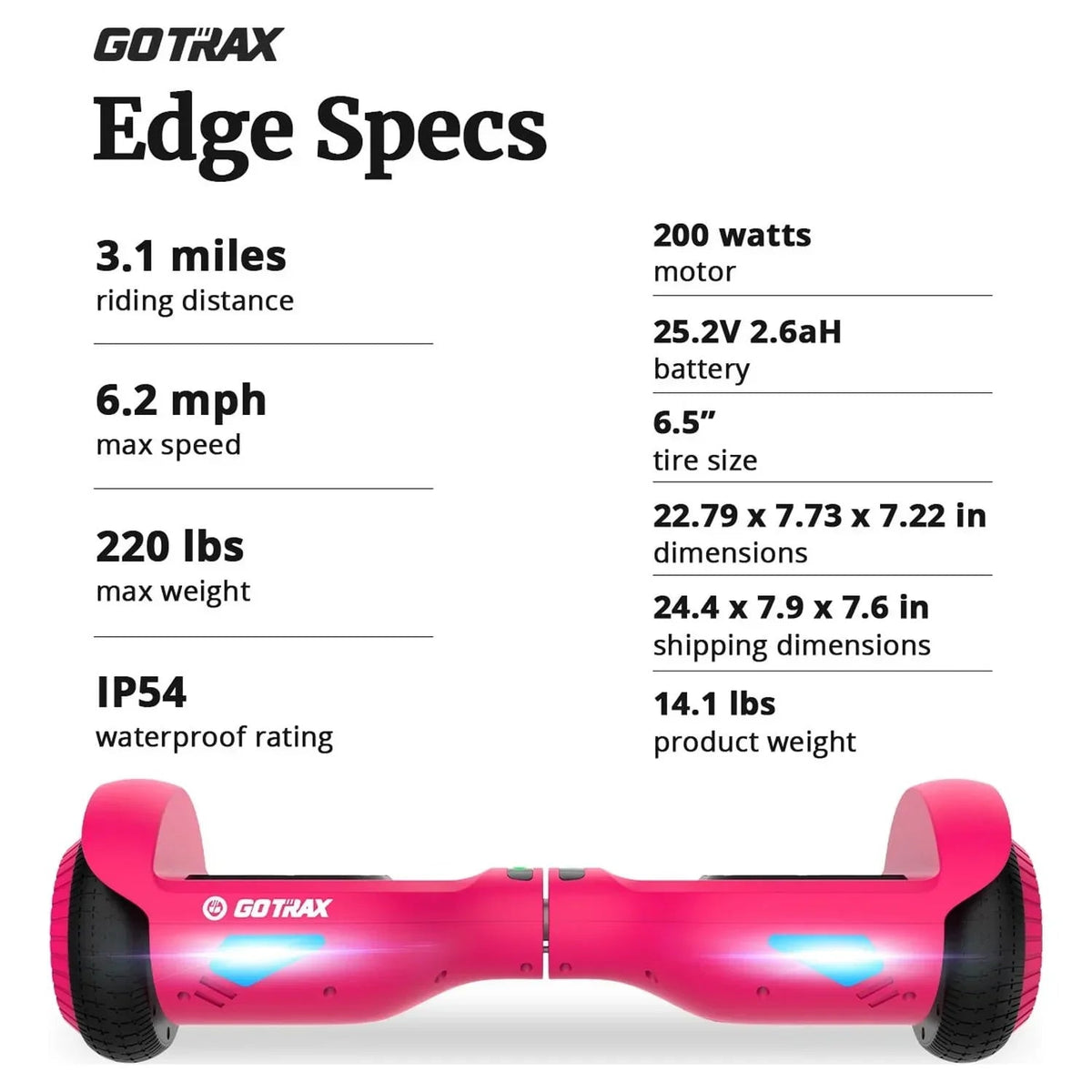GOTRAX Edge Self-Balancing Scooter With 6.5in Tires, Pink