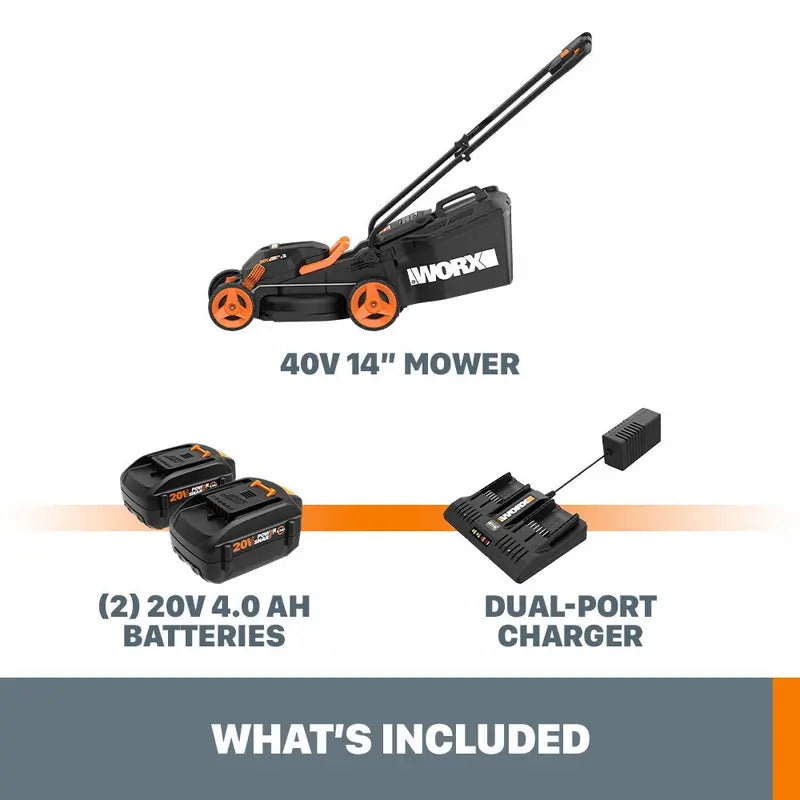 Worx Cordless Lawn Mower 40V 14 inch With Two 20V 4.0Ah Batteries And Dual Charger