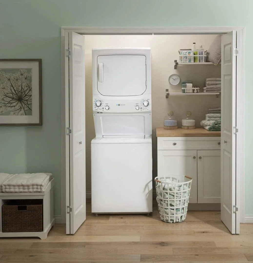 GE Unitized Spacemaker 3.9 Cu. Ft. Washer With Stainless Steel Basket And 5.9 Cu. Ft. Electric Dryer - GUD27EESNWW