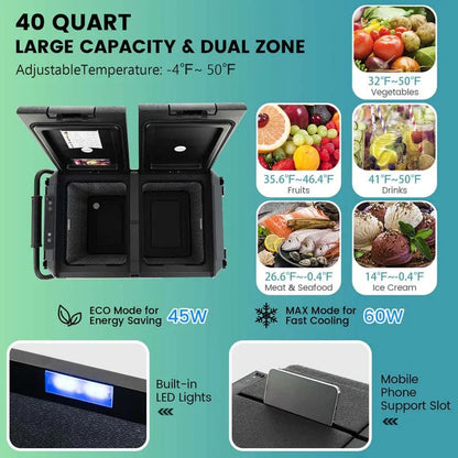 40-Quart Dual-Zone Portable Car Refrigerator Cooler Freezer With Wheels