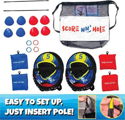Floating Pool Cornhole Game, Foam, 30 x 26 x 15 Inches, 10 Pieces, Red Blue Black
