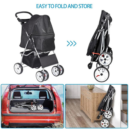 Foldable Cat/Dog Pet Stroller With 4 Wheel, Storage Basket, Cup Holder - Black