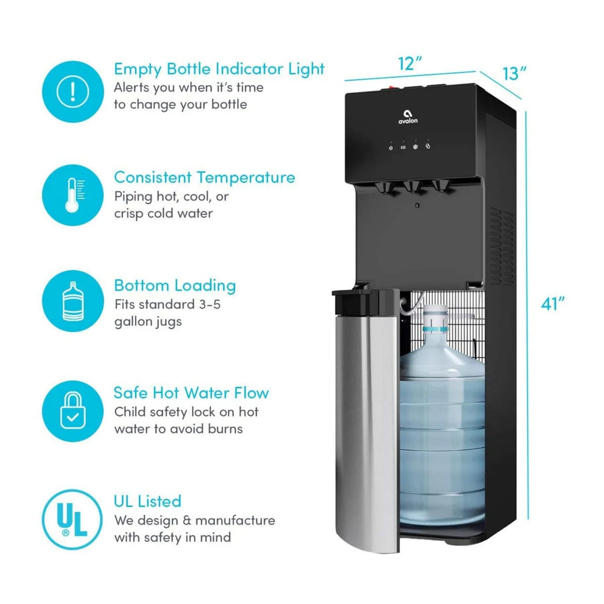 Avalon Bottom-Loading Water Cooler Dispenser, 3 Temperature Settings, Stainless Steel & Black
